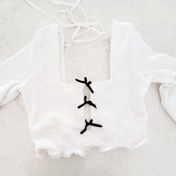 Free People Dancing Queen Crop Top White with Black Bows Ivory Combo - Picture 6 of 6